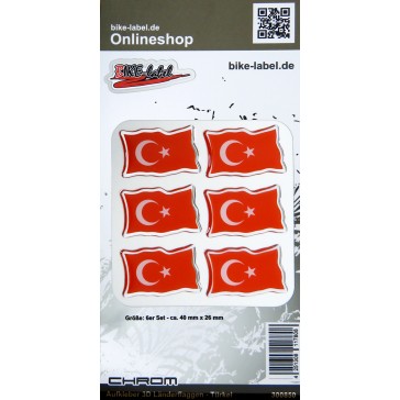 Aufkleber 3D Länder-Flaggen - Türkei Turkey mit Chromrand 6 Stck. je 40 x 26 mm