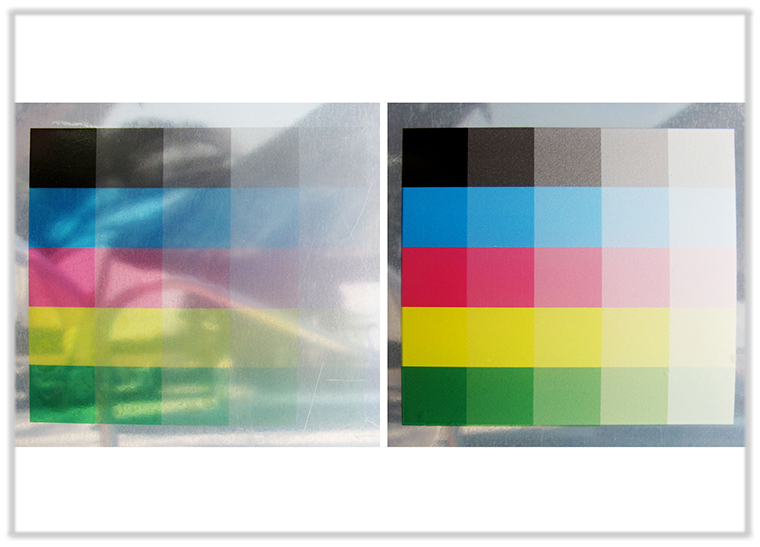 Beispielbilder ohne und mit Weißdruck - auf transparenter Folie